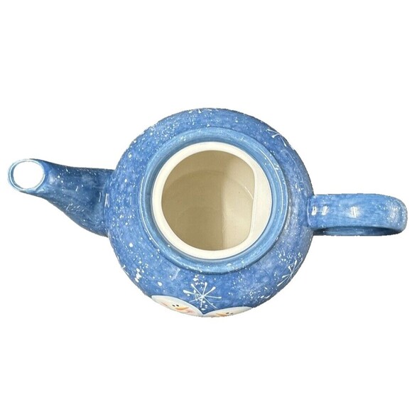 Folk Art Ceramic Blue and White Snowman Teapot with Snowflakes and Lid - Picture 5 of 7